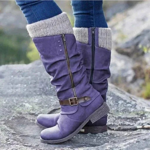 Mauve | Knit Cuff Mid-Calf Boots with Zipper