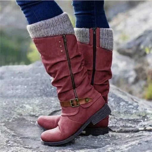 Mauve | Knit Cuff Mid-Calf Boots with Zipper
