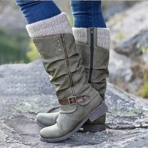 Mauve | Knit Cuff Mid-Calf Boots with Zipper