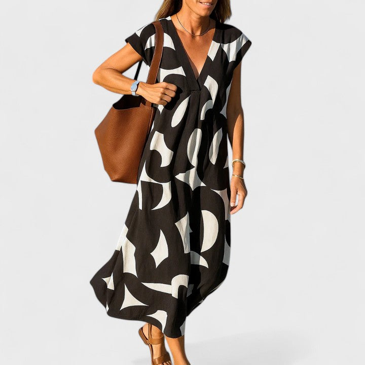 Cataline | Geometric Print V-Neck Maxi Dress