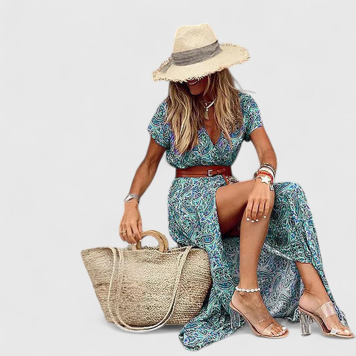 Celestyna | Floral Print Boho Maxi Dress with Slit