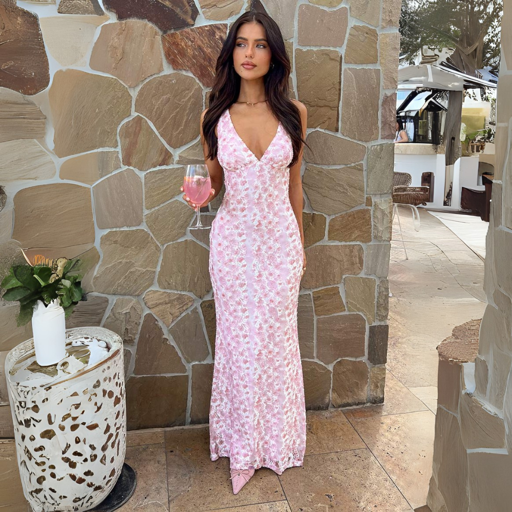 Bellisa | Pink Floral Lace Maxi Dress V-Neck