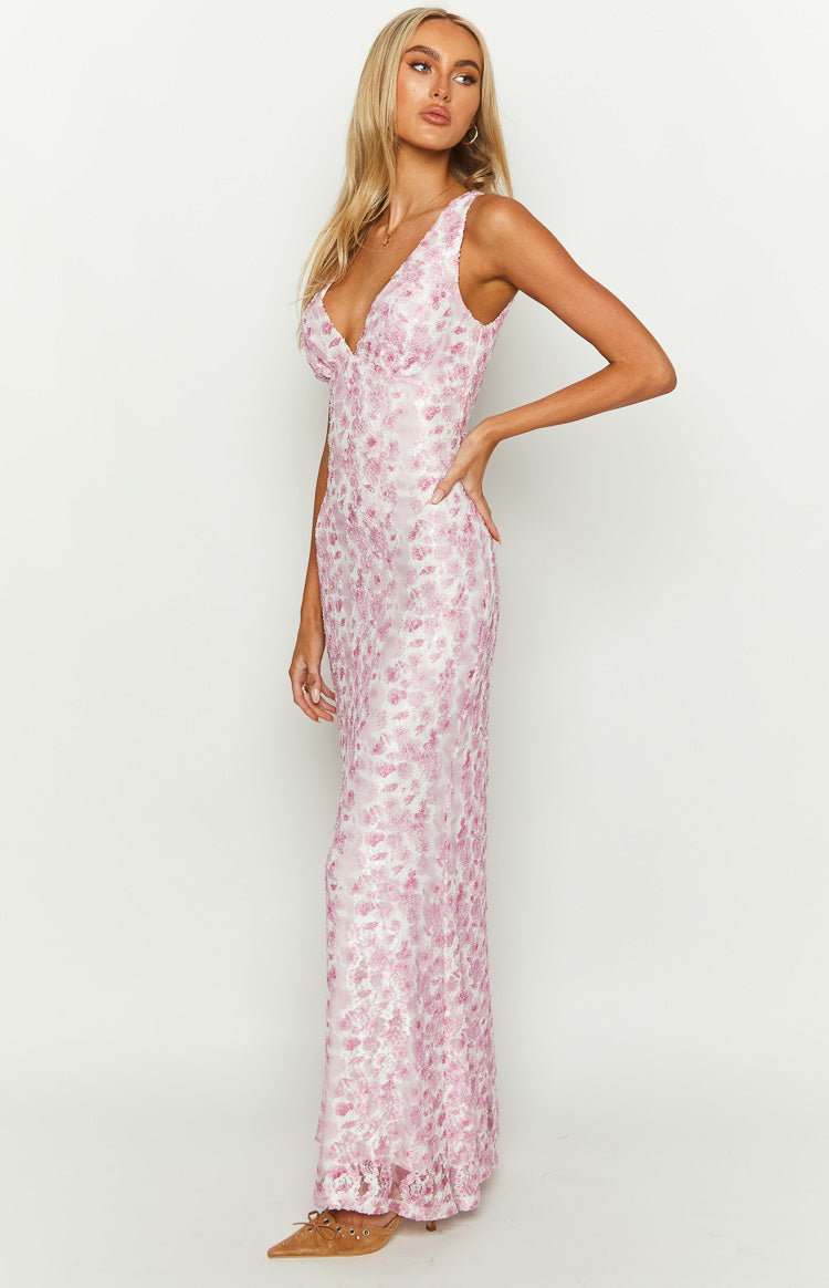 Bellisa | Pink Floral Lace Maxi Dress V-Neck