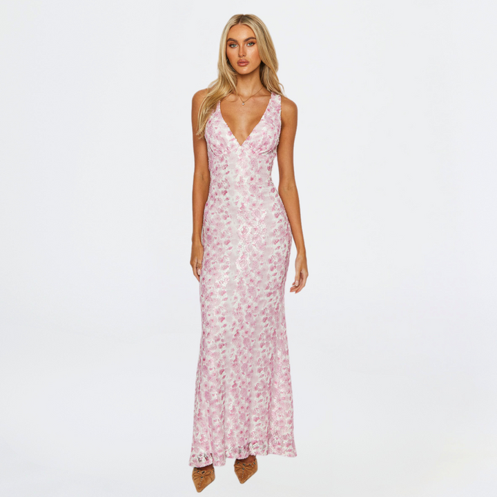 Bellisa | Pink Floral Lace Maxi Dress V-Neck