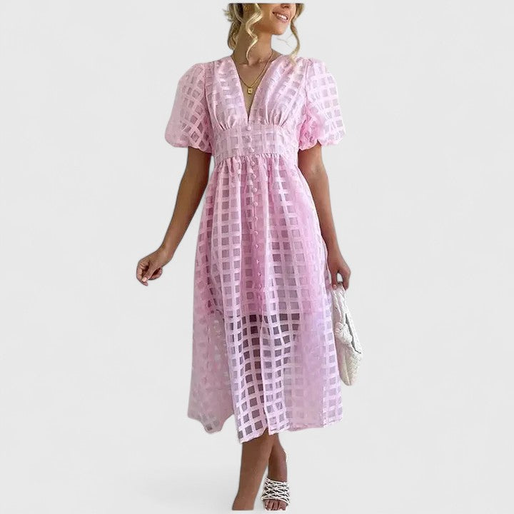 Fawn | Sheer Checkered Midi Dress with Puff Sleeves
