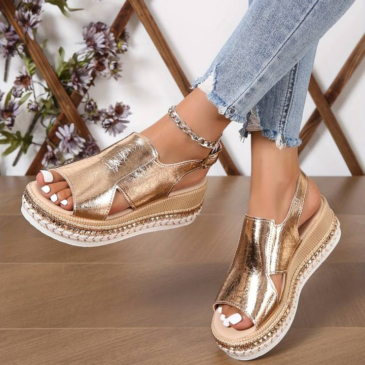 Ivy | Metallic Platform Wedge Sandals with Buckle