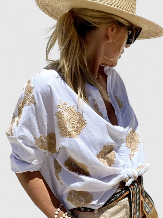 Drusilla | Embroidered V-Neck Button-Up Blouse