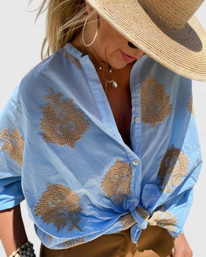 Drusilla | Embroidered V-Neck Button-Up Blouse