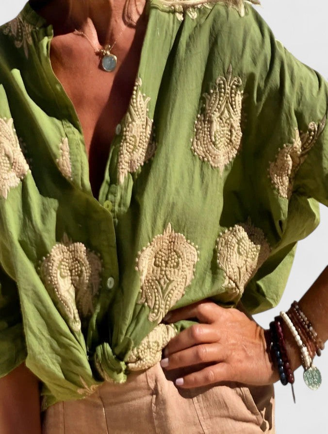 Drusilla | Embroidered V-Neck Button-Up Blouse