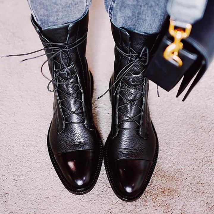 Elfrida | Lace-Up Mid Calf Boots with Block Heel