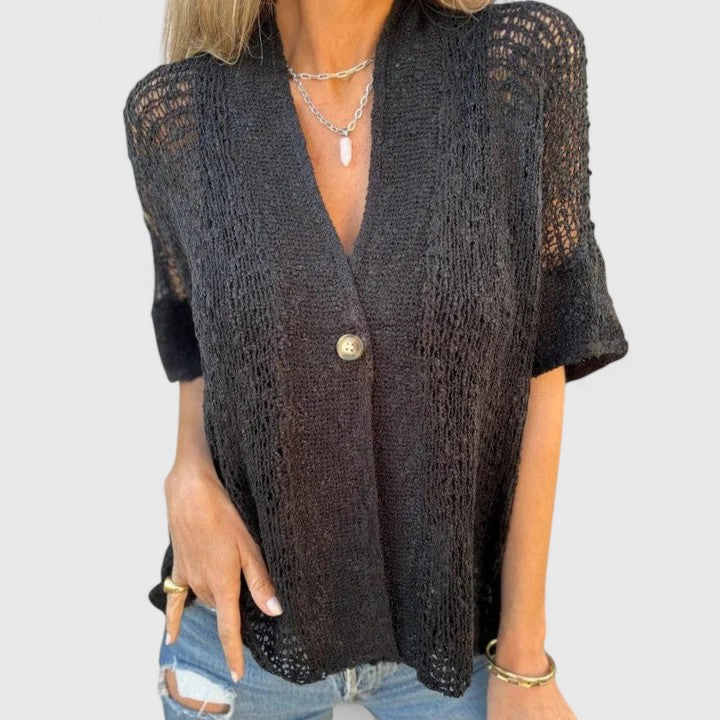 Frankie | Open Knit Button-Up Blouse V-Neck