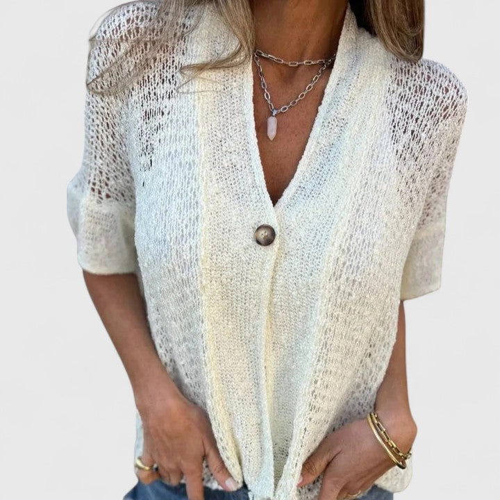 Frankie | Open Knit Button-Up Blouse V-Neck