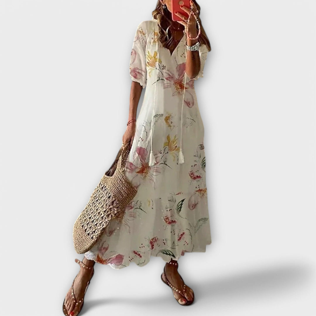 Anouhea | Bohemian Ikat Print Maxi Dress with Tassels