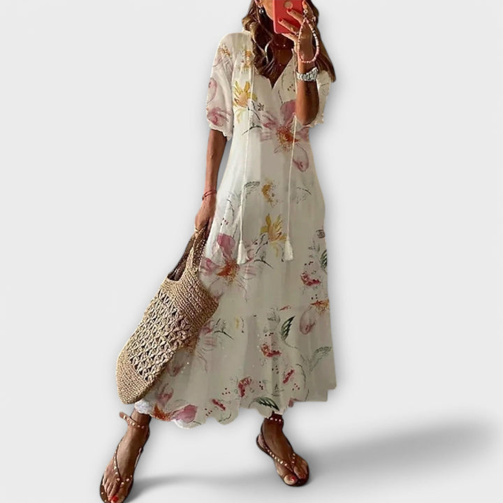 Anouhea | Bohemian Ikat Print Maxi Dress with Tassels