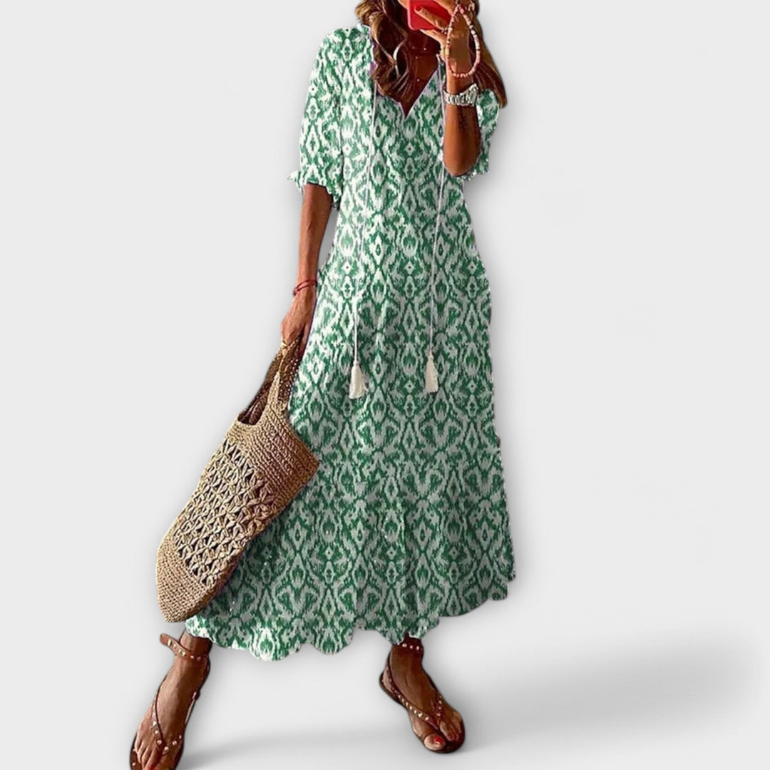 Anouhea | Bohemian Ikat Print Maxi Dress with Tassels