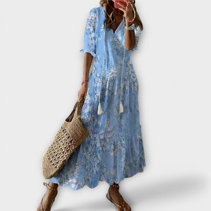 Anouhea | Bohemian Ikat Print Maxi Dress with Tassels
