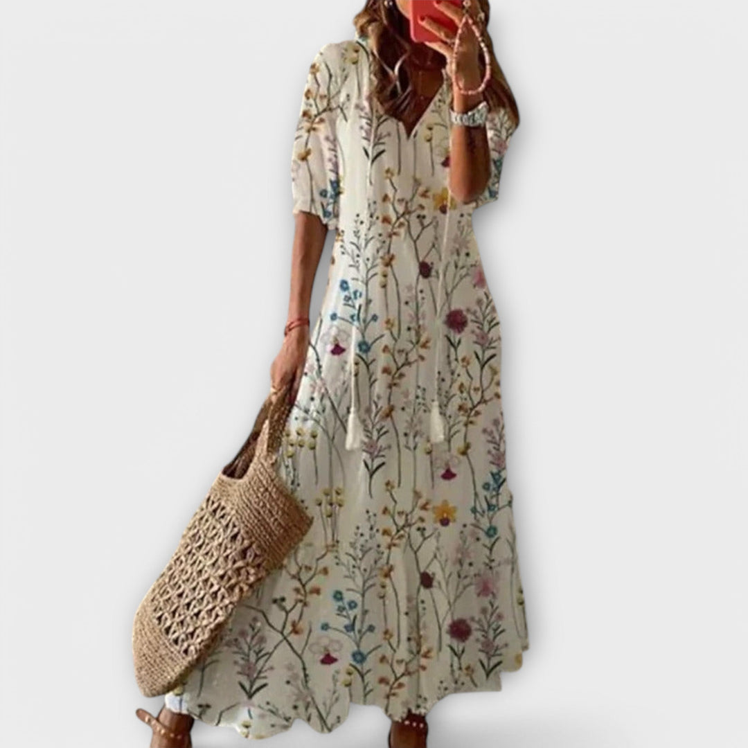 Anouhea | Bohemian Ikat Print Maxi Dress with Tassels