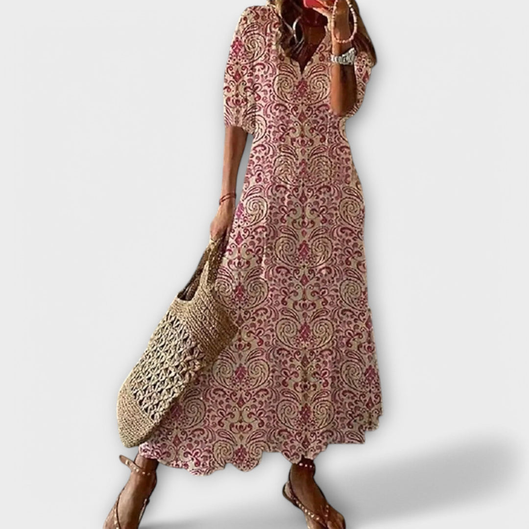Anouhea | Bohemian Ikat Print Maxi Dress with Tassels