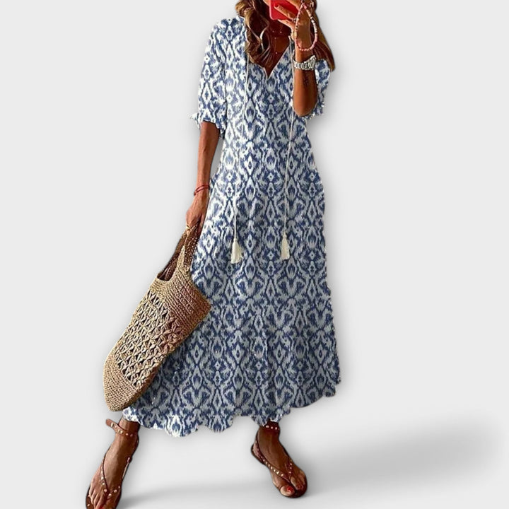 Anouhea | Bohemian Ikat Print Maxi Dress with Tassels