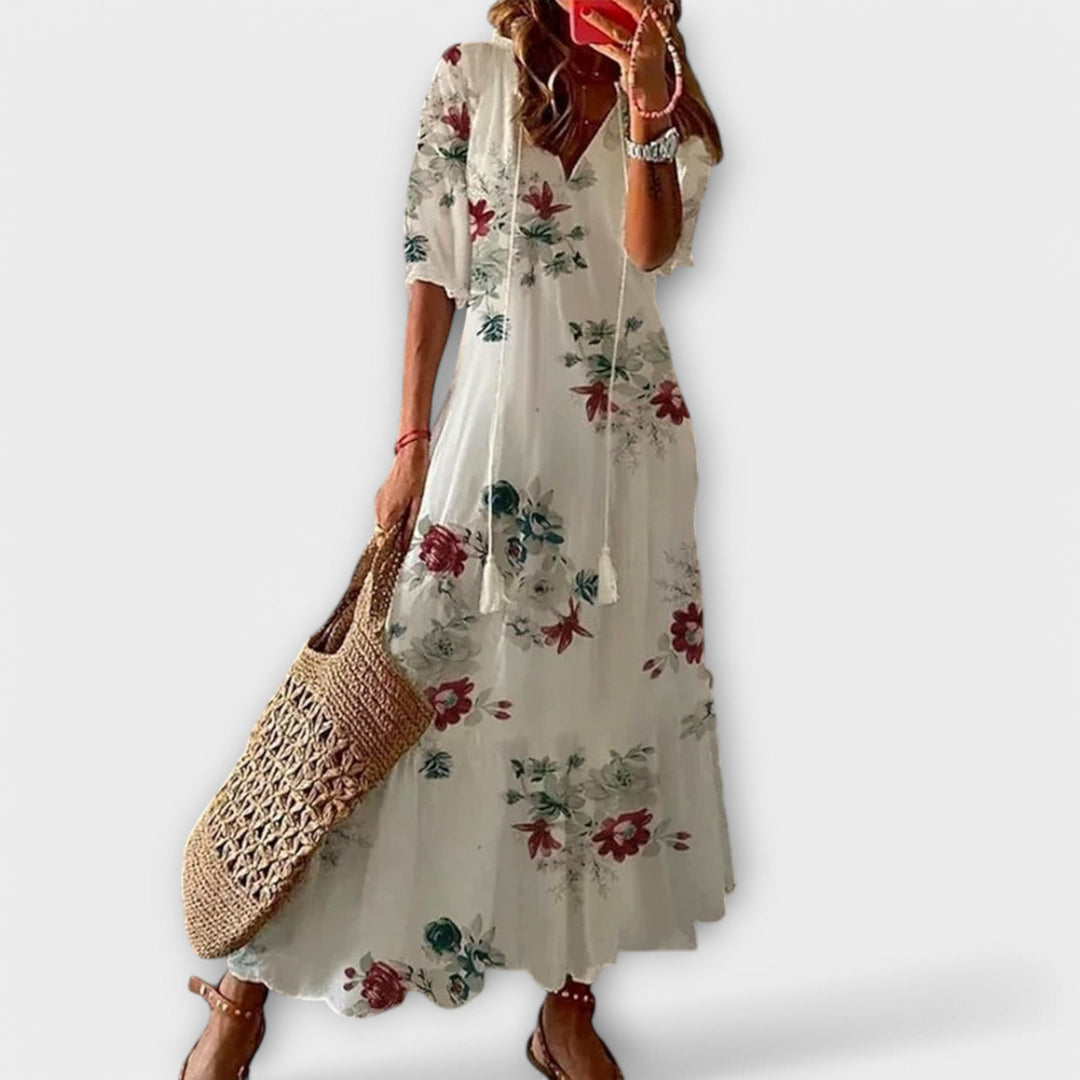 Anouhea | Bohemian Ikat Print Maxi Dress with Tassels
