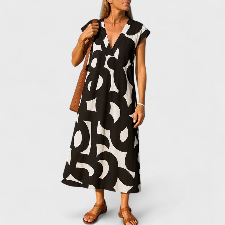 Cataline | Geometric Print V-Neck Maxi Dress