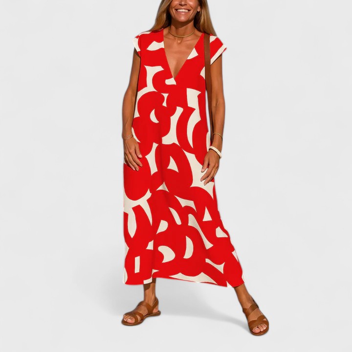 Cataline | Geometric Print V-Neck Maxi Dress